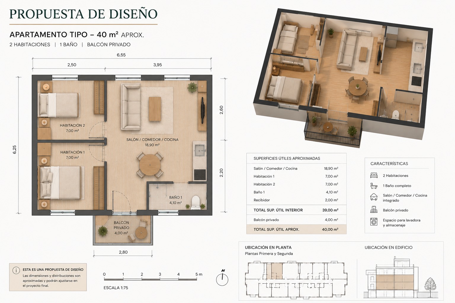 Plano de la propuesta de diseño de 40 m² con 2 habitaciones y balcón privado